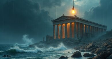 Zepsuty klaster Kubernetes tonący w binarnym deszczu i otoczony chmurą danych, symbolizujący atak malware na LiteLLM.