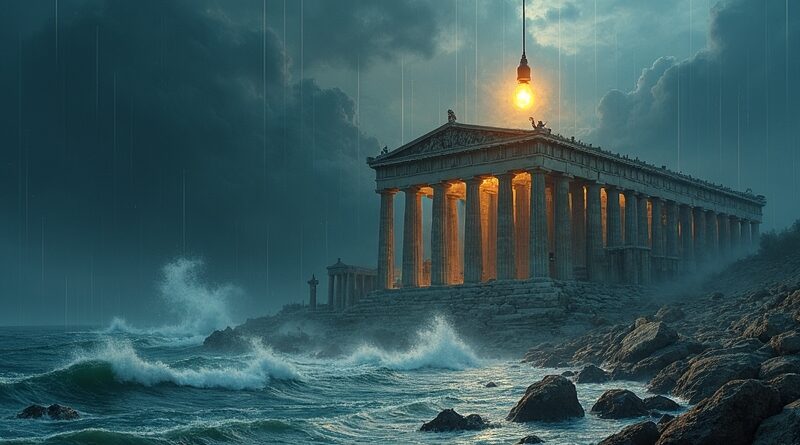 Zepsuty klaster Kubernetes tonący w binarnym deszczu i otoczony chmurą danych, symbolizujący atak malware na LiteLLM.