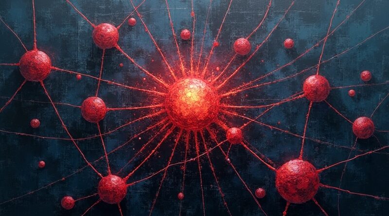 Abstrakcyjna sieć neuronowa z pulsującym węzłem, symbolizująca wyciek danych w Meta. Mroczne tło, napięcie, chaos.