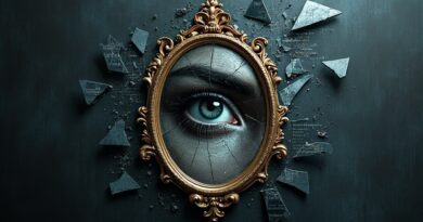 Rozbite lustro z kodem, łza w oku w odbiciu, symbol utraty zaufania po wycieku.