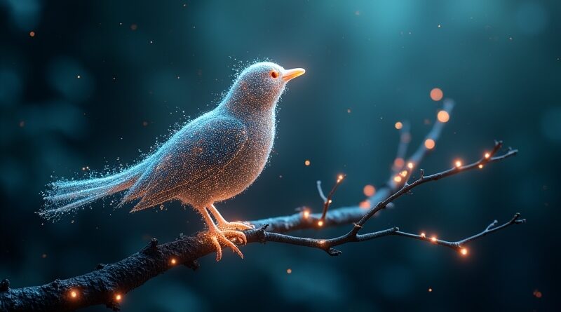 Cyfrowy ptak z sieci neuronowej obserwuje mózg z danych, symbolizujący AI Littlebird analizujące tekst.