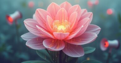 Cyfrowy kwiat z danych i kodu, wyrastający ponad symbole tradycyjnego marketingu. Optymizm, przyszłość, transformacja.