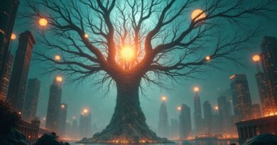 Surrealistyczna metropolia Lovable: cyfrowe gałęzie talentów, art nouveau i eteryczne światło.