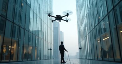 Pracownik myjący okna obserwuje, jak futurystyczny dron czyści wieżowiec. Lucid Bots stawia na robotykę użytkową.