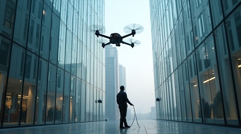 Pracownik myjący okna obserwuje, jak futurystyczny dron czyści wieżowiec. Lucid Bots stawia na robotykę użytkową.