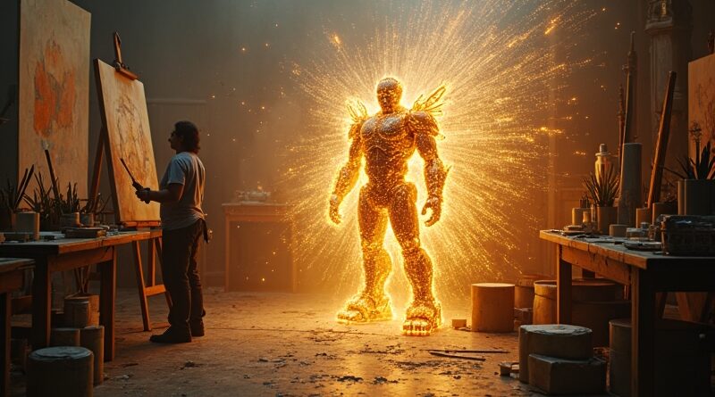 Eteryczny byt AI w pracowni artysty, z tokenów generuje obraz. Symbol syntezy sztuki i sztucznej inteligencji.