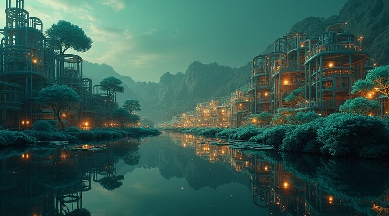 Futurystyczny pejzaż budowany z kodu i mechanizmów. Wizja logicznie generowanych obrazów AI, precyzji i harmonii.