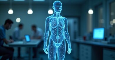 Cyfrowy bliźniak w ludzkiej sylwetce, sieć świetlnych węzłów, innowacja Mantis Biotech.