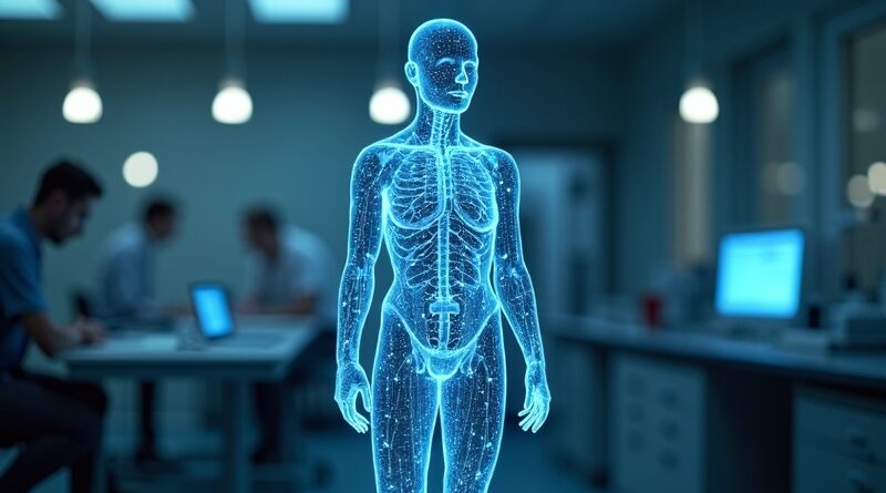 Cyfrowy bliźniak w ludzkiej sylwetce, sieć świetlnych węzłów, innowacja Mantis Biotech.