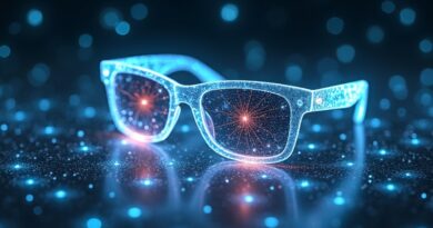 Sieć połączeń między okularami Ray-Ban Meta a WhatsApp, symbolizująca integrację Manus AI.