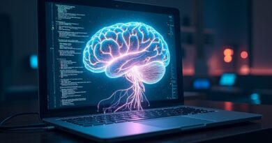 Świecący mózg z obwodów i kodu wyłania się z ekranu komputera. AI lokalnie.