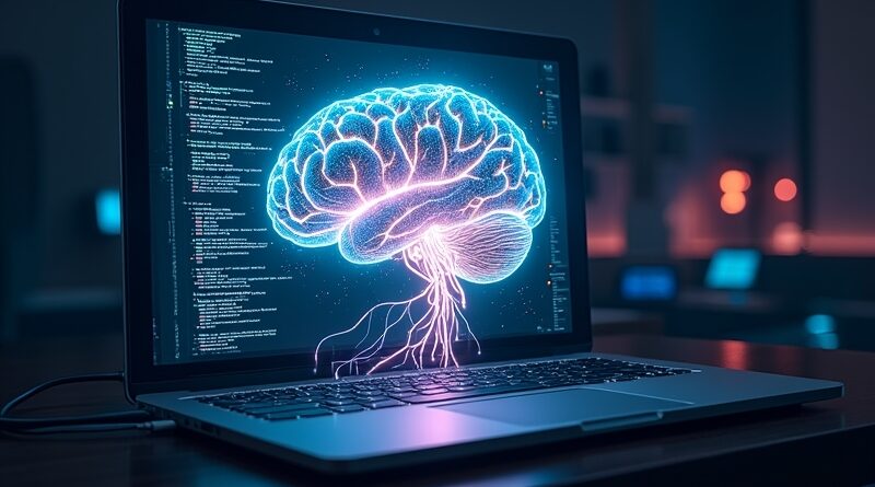 Świecący mózg z obwodów i kodu wyłania się z ekranu komputera. AI lokalnie.