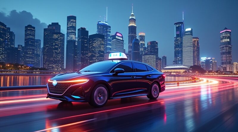 Futurystyczny Singapur nocą: AI płaci za taksówkę. Neonowe światła, drapacze chmur, autonomiczne pojazdy.