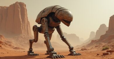 Zardzewiały, humanoidalny robot w surowym, marsjańskim krajobrazie. Symbol technologicznej wytrwałości w ekstremalnych warunkach.