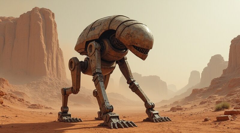 Zardzewiały, humanoidalny robot w surowym, marsjańskim krajobrazie. Symbol technologicznej wytrwałości w ekstremalnych warunkach.