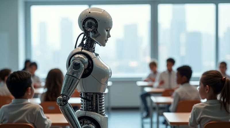 Chromowany robot w futurystycznej klasie, z głowy robota wyłaniają się zniekształcone hologramowe figury starożytnych filozofów, dzieci w ławkach.