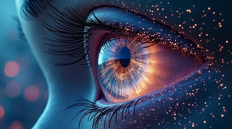 Surrealistyczne oko utworzone z sieci neuronowych, odzwierciedlające zniekształcone miasto z logo Nvidia i Qualcomm.