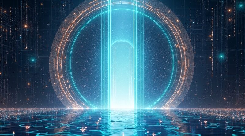 Abstrakcyjna brama danych symbolizująca Merge Gateway, innowacyjną platformę kontroli LLM.
