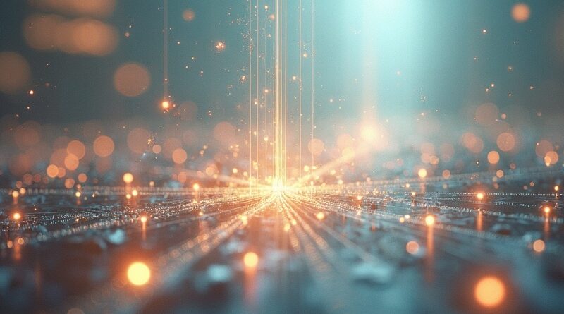 Abstrakcyjna sieć węzłów symbolizująca Marketplace, subtelne obwody AI, pastelowe kolory, zaawansowana technologia sprzedaży.