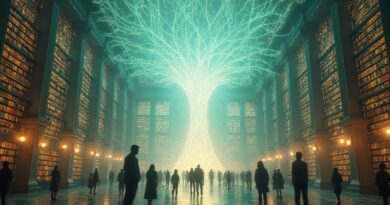 Przestrzenna biblioteka kodu rozświetlona eterycznym światłem. Ludzie kształtują cyfrowych agentów AI.