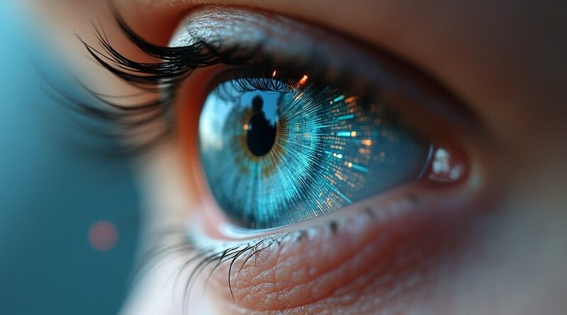 Oko odbite w futurystycznej soczewce, dane o wartościach odżywczych zamiast tęczówki.