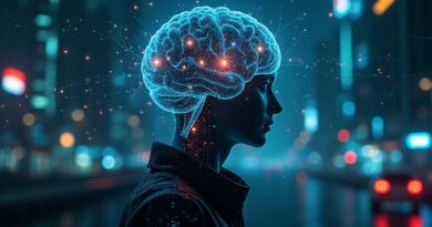 Abstrakcyjny mózg cyfrowy nadzoruje strumienie danych w nocnym krajobrazie miasta, symbolizując automatyzację moderacji treści przez AI.