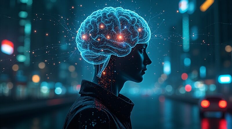 Abstrakcyjny mózg cyfrowy nadzoruje strumienie danych w nocnym krajobrazie miasta, symbolizując automatyzację moderacji treści przez AI.