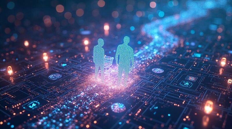 Strumienie danych formują sylwetki ludzi wewnątrz interfejsu mediów społecznościowych, otoczone ikonami produktów i koszykami zakupowymi.