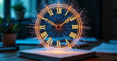 Zegar zbudowany z sieci neuronowych, symbolizujący uczenie się AI podczas przerw użytkownika.