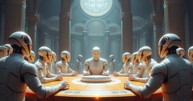 Renesansowa wizja rady AI: eteryczne figury debatują w futurystycznym forum, nadzorowane przez AI-sędziego.