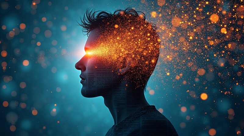 Gazeta rozpadająca się na kod binarny, tworząca strumień informacji płynący do umysłu użytkownika. Przyszłość newsów AI.