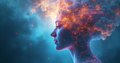 Wyłaniająca się z chmury cyfrowa świadomość z twarzą połączoną z kodem, tło: zmienne kolory.