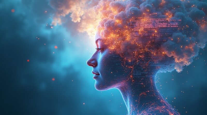 Wyłaniająca się z chmury cyfrowa świadomość z twarzą połączoną z kodem, tło: zmienne kolory.