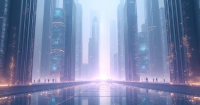 Futurystyczna metropolia z budynkami ze światła podkreśla innowacje MAI-Image-2 od Microsoftu.