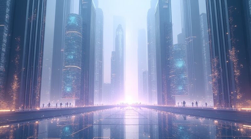 Futurystyczna metropolia z budynkami ze światła podkreśla innowacje MAI-Image-2 od Microsoftu.