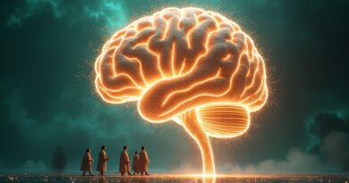 Mózg z włókien światła, logo Microsoft, naukowcy w togach, nebula kodu. Transfer mózgów do Microsoftu.