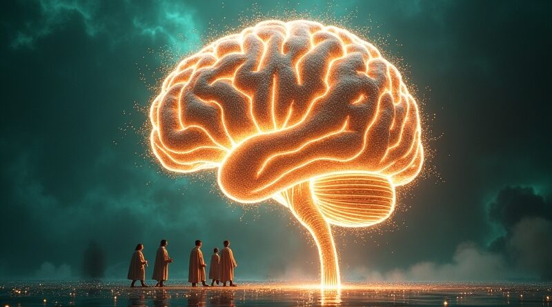 Mózg z włókien światła, logo Microsoft, naukowcy w togach, nebula kodu. Transfer mózgów do Microsoftu.