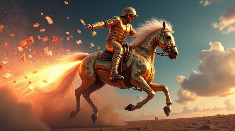 Surrealistyczny wyścig: mechaniczny koń i rakieta napędzana mgławicą zostawiają ślad z banknotów.