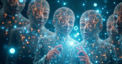 Eteryczne, połączone byty AI zarządzają danymi w kryształowym CRM, symbolizując rewolucję sprzedaży Rox.