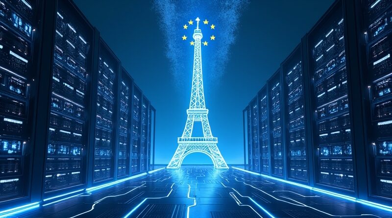 Futurystyczna serwerownia pod Wieżą Eiffla z pulsującym serwerem i hologramem UE; symbol europejskiej ambicji AI.