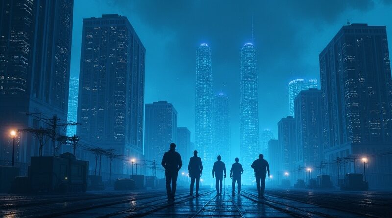 Neonowe serwerownie w zmierzchu; sylwetki zwalnianych pracowników, melancholia technologicznego postępu w tle.