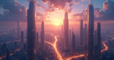 Futurystyczne miasto AI w złotej poświacie. Optymizm, innowacja, potencjał. Kleiner Perkins inwestuje w przyszłość.