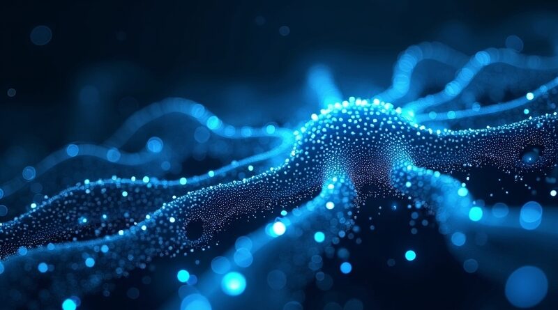 Bioluminescencyjna sieć neuronowa, symbolizująca samodoskonalącą się sztuczną inteligencję MiniMax M2.7 w cyfrowym krajobrazie.