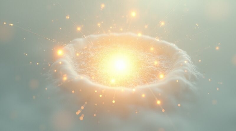 Minimalistyczna reprezentacja rozumowania matematycznego: światło, fraktale, pastelowe barwy i subtelne złoto.