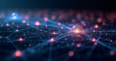 Abstrakcyjna sieć połączonych węzłów symbolizująca 'assembly intelligence', przepływ danych w Mirage.