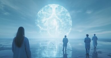 Surrealistyczny krajobraz: Miraż konstrukcji i rozmyte postacie lekarzy. Iluzja, niepewność, chłodne kolory.