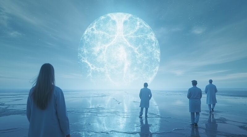 Surrealistyczny krajobraz: Miraż konstrukcji i rozmyte postacie lekarzy. Iluzja, niepewność, chłodne kolory.