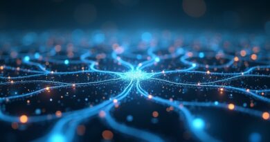 Sieć połączonych, świetlistych węzłów i ścieżek symbolizuje automatyzację przepływów pracy Mistral AI. Dynamiczna, adaptacyjna struktura.