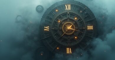 Złożony mechanizm zegarowy symbolizujący AI Mistral Small, ukryty we mgle, z zębatkami symbolizującymi wiedzę.