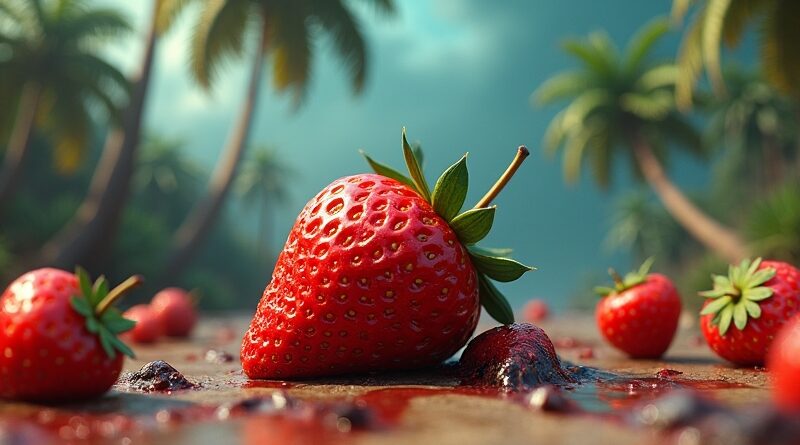 Poobijany truskawkowy stworek leży smutny wśród agresywnych, kreskówkowych owoców na tle raju w ruinie.